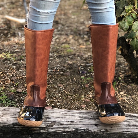 Vegan Leather tan and Black Tall Duck Rain Boots - Picture 2 of 8
